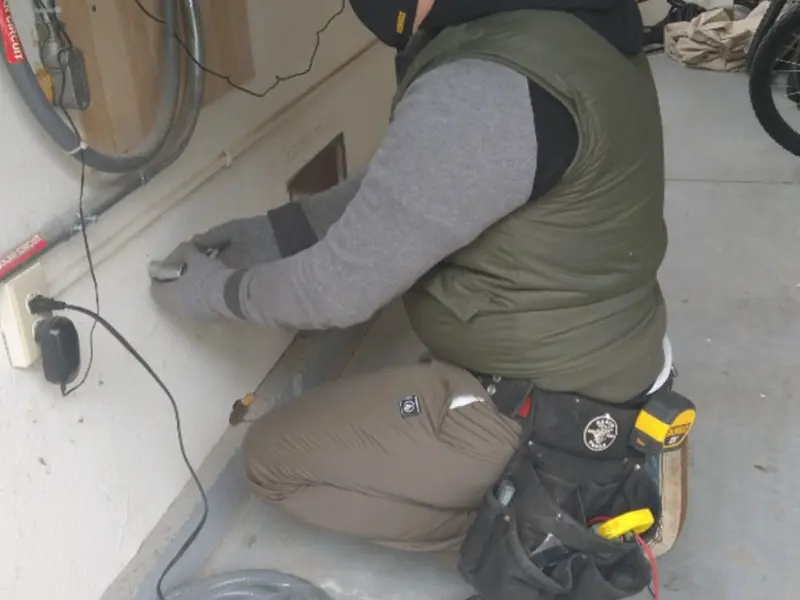 Electrician performing outlet wiring in a Circle Pines garage